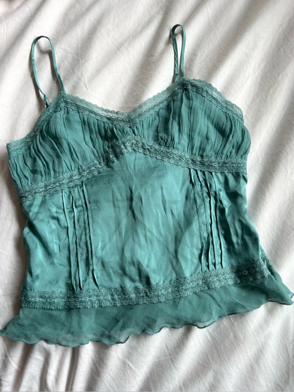 Vintage Teal 100% Silk Satin, Chiffon Lace-Trim Camisole by Togo